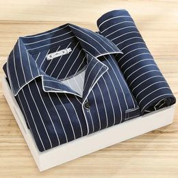 Comfy Milk Silk Loungewear Stylish Mens Fall Winter Pyjama Set Striped Plaid Print Colour Matching Lapel Singlebreasted Long 240428