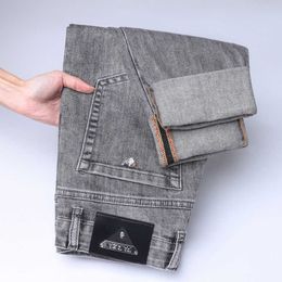 Grey Versatile Jeans for Mens Summer Slim 2024 Elastic Fit Straight Leg High-end Casual European Long Pants