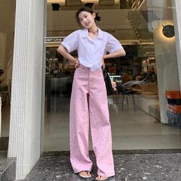 Women's Jeans Women Pink Pants Aesthetic Small Floral Printed Wide Leg High Waist For Women's Spring And Summer