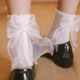 Women Socks Girls Soft White Lace Lolita Ribbon Bow Women's Mid-Calf Cute Ruffle Frilly Ankle Japanese Style Dress Hosiery