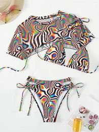 Women's Swimwear Sexy Printed Short Sleeve Cover Up Bikini Female Swimsuit Women Three-pieces Set Bather Bathing Suit Swim K5001