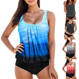 Women's Swimwear Gradient Print Ruched Bikinis Sets High Waist Leisure Tankini Women 2024 Summer Loose Fitting Vacation Swimsuit