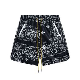 Rhude woven nylon double layer shorts with cashew flower all over the body letters casual sports quick drying sand mens and womens beach pants