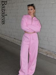 Women's Hoodies Bazaleas Y2K Pink Crooped Hooded Fashion Front Pockets Zipper Sweatshirt Punk Female Hoodie Casual Outerwear Sudaderas Tops