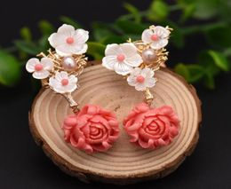 Dangle Chandelier Handmade Natural Fresh Water White Pearl Earrings For Women Pink Coral Flower Luxury Fine Jewellery Accessories2986846