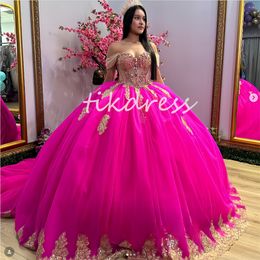 Princess Hot Pink Quinceanera Dress 2024 Cinderella Vestidos De 15 Quinceanera Lace Up Fifteen Birthday Dress Gold Appliques Beaded Crystal Xv Anos robe de bal 16