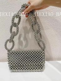 Shoulder Bags Silver Beads Beaded Woven Square Bag Women Fashion Hollow Out Handbag Lady Purse Female Holiday Vacation Casual
