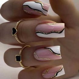 False Nails 24Pcs Irregular White Wave Lines Design False Nails Mid-length Square Full Cover Press on Nails Detachable Finished Fake Nails T240507