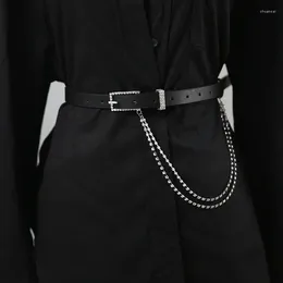 Belts High Quality Fashionable Slim Fit Versatile Women's Chain Dress Jeans Belt PU Leather Rhinestone Punk Black Casual