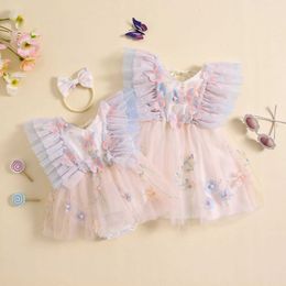 Girl's Dresses Summer Children Kids Girls Dress Flower Embroidery Fly Sleeve Elegant Casual Princess Birthday Party Tulle H240507