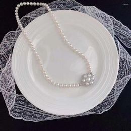 Chains Pearl Necklace Is 55CM7-8MM Long Natural Freshwater Brooch With Three Wearing Women's Bauhinia