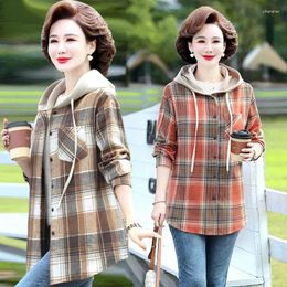 Women's Blouses 2024 Spring Plaid Long-Sleeved Shirt Coat Middle-Aged Loose Hooded Jacket Female Casual Shirts Outerwear 5XL