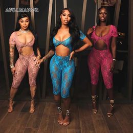 Women's Jumpsuits Rompers ANJAMANOR Sexy Cut Out One Pieces Romper S Through Lace Mesh Ladies Jumpsuits Club Addie Outfit 2024 Summer Clothes D85-BI10 T240507