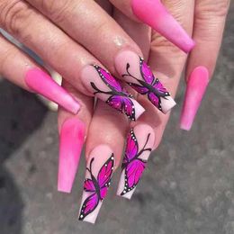 False Nails 24pcs False Nails With Jelly Gel Butterfly Design Long Coffin French Ballerina Fake Nails Full Cover Nail Tips Press On Nails T240507