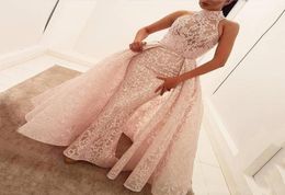 2020 New Yourself Aljasmi White Long Evening Dresses Halter Neck Puffy Organza Skirt Sweep Train Lace Evening Gowns Dubai 2721623731
