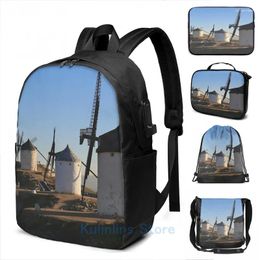 Backpack Funny Graphic Print Triple Windmills USB Charge Men School Bags Women Bag Travel Laptop