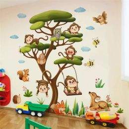 Stickers Forest Animal Tree Cartoon Owl Deer Squirrel Monkey Wall Stickers for Kids Rooms Boys Girls Children Bedroom Decoration Stickers