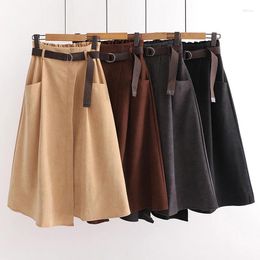 Skirts Retro Solid Colour Casual Literary Pocket High Waist Slim Irregular Belt Midi Skirt Black One Size