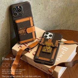 Card Pocket Phone Cases Designers for apple iPhone 15 Back Covers Handbag Wallet Chain Sling Brown Flower 14 Pro Max 13 12 Case Pouch