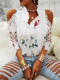 Women's T Shirts Summer Shirt Women Floral Print Dress Coat Off-the-shoulder Lace Stitching Long-sleeved T-shirt Girl Tee Tshirts SLSM00129