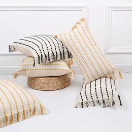 Cushion/Decorative Modern Tassel Edge Woven Cushion Cover Beige Yellow Black Stripes Crochet Covers Decorative Cojines Decorativos Para Sof