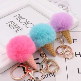 Keychains Lanyards Cute ice cream Keychain Glitter Pompom Key Chain Gifts for Women Llaveros Mujer Car Bag Accessories Key Ring accessories