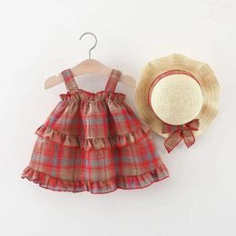 Girl Dresses 2PCS/Set Girls' Dress Summer Children's French Sweet Sling Little Red Chequered Cake Comes With Hat