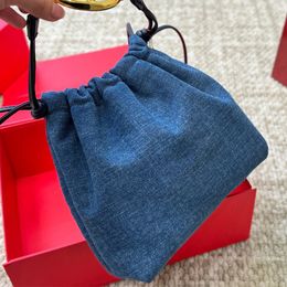 small denim designer bag drawstring mini bucket bags Women's Blue Soft denim Mini Crossbody Bag leather string with gold metal