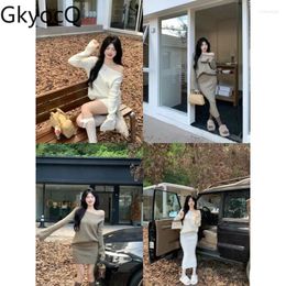 Work Dresses Women's Sets Solid Slash Neck Loose Sweater Wrap Hip Short/Midlength Skirt Vintage Lazy Style Knitted Two Piece Clothing