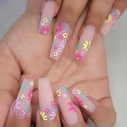 False Nails 24Pcs Long Ballet False Nails Coffin Fake Nails with Colourful Flower Design Wearable Finished Press on Nails Full Cover Nail Tip T240507