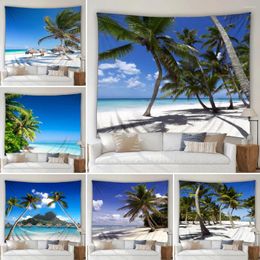 Tapestries Seaside Beach 3D Tapestry Tropical Plants Palm Trees Waves Bridge Modern Garden Nature Scenery Home Wall Hanging Decor Art Mural