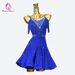 Stage Wear Blue Latin Dance Dress Girl Women's Skirt Line Suit Ball Costume Dancewear Competition Clothes Female Fringe Clothing Prom