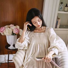 Women's Sleep Lounge 2024 Retro Princess Long Night Cat Childrens French Embroidered Square Neck Loose Evening Dress Spring Full Sleeve Cotton Night CatL2405