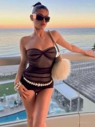 Casual Dresses 2024 Black Mesh Ruched Strapless Mini For Women Sexy Night Club Dress Summer Beach Vacation Outfits Solid Y2K Clothes