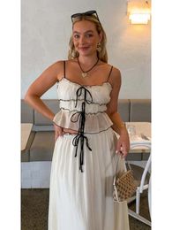 White Pleated Crop Tops Long Skirt Suit Women Chic Ruffles Lace Bandage Dress Set Summer Ladies Elegant 2 Piece Beach Outfit 240423