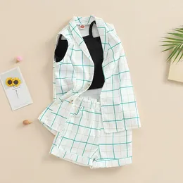 Clothing Sets 3-7Y Kids Girls Sleeveless Plaid Blazer Waistcoat Tank Tops Short Pants 3Pcs Children Summer Clothes Baby Outfits