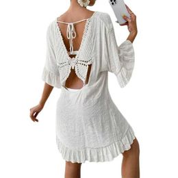 Women Beach Wear Fashion Back Knitted Butterfly Beach Dress Women Backless Lace-up Flared Slve Coverall Female Seaside Holiday Bikini Cover-up Y240504