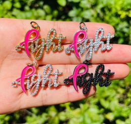 Charms 5pcs FIGHT Word Charm For Women Bracelet Making Letter Pendant Necklace Pink Ribbon Breast Cancer Awareness Jewellery Finding8565217