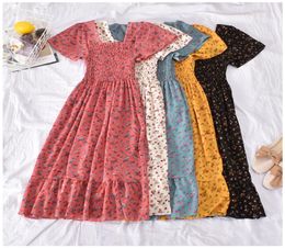 Women Summer Dresses Clothing SQ402 Latest Korean Design Print Elastic Vintage Square Neck hort Sleeve Long Dress9798716