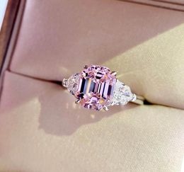 S925 silver punk band ring with square pink and sparkly diamond for women wedding engagment Jewellery gift have stamp PS89057868588