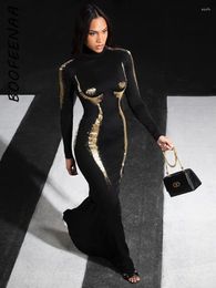Casual Dresses BOOFEENAA Metallic 3D Body Print Black Evening Dress Elegant Turtleneck Long Sleeve Maxi Women Fall Winter 2024 C85-CG40