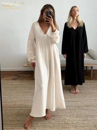 Casual Dresses Clacive Loose Beige Cotton Women Dress 2024 Fashion V-Neck Long Sleeve Ankle Length Elegant Classic Female