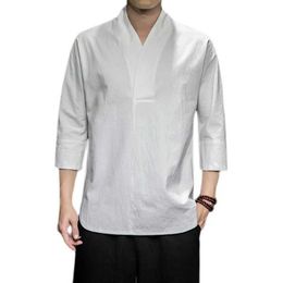 Men's Polos Mens solid patterned V-neck one-third mens kimono shirt traditional street clothing shirt Chinese style linen shirtL2405