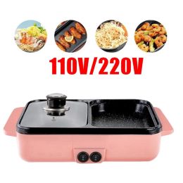 Grills 110V/220V 1200W 2 IN 1 Electric Hot Pot Cooker BBQ Grill Multicooker Electric BBQ Grill Non Stick Plate Barbecue Pan Cooking Pot