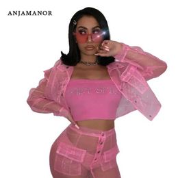 Two Piece Dress ANJAMANOR Organza Mesh Sexy Two Piece Set Jacket and Skirt Fashion 2020 Club Outfits Cute 2 Pcs Matching Sets D58-DD15 T240507