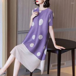 Party Dresses Summer Temperament Age-reducing Split A-line Skirt 2024 Polka Dot Contrast Printing Short Sleeve O Neck Loose Pleated Dress