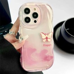 Cell Phone Cases Korean Cute Gradient Watercolor Butterfly Phone Case For phone 15 Pro 14 13 12 Pro Max 11 Wavy Edge Clear Shockproof Soft Cover