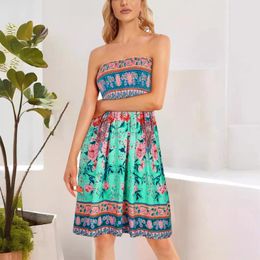 Casual Dresses Bohemian Beach Strapless Midi Dress Women Summer Sleeveless Dew Shoulder Knee-Length Folds A-line Backless Female