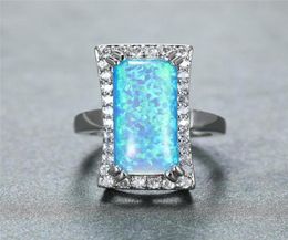 Wedding Rings Vintage Silver Color Ring Big Rectangle Stone Engagement Cute Female White Blue Fire Opal For Women Jewelry8598668
