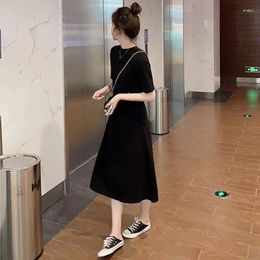 Party Dresses Short Sleeve Dress Women's Mid Long 2024 Summer Korean Loose And Thin Over The Knee Small Black Skirt Student